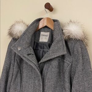 Esprit Gray Chevron Coat with Faux Fur Hood – Size M